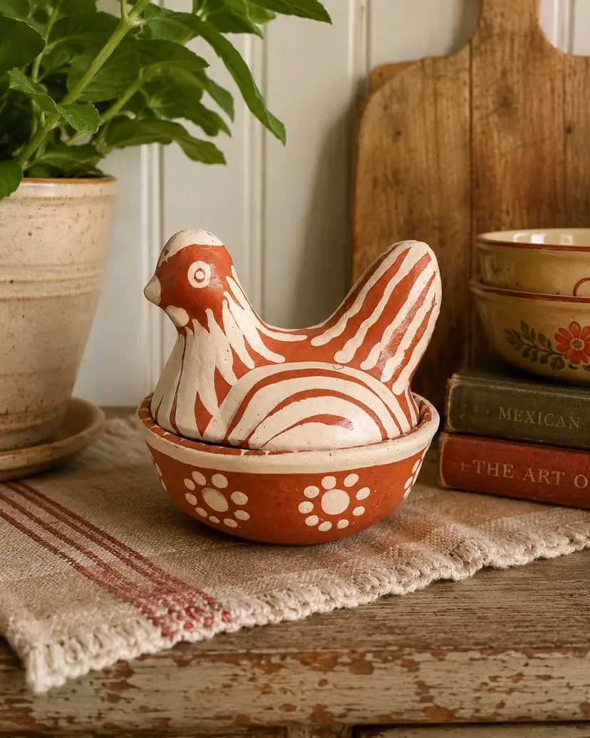 Vintage Mexican Folk Art Hen on Nest 6” – Hand Painted Terracotta Pottery