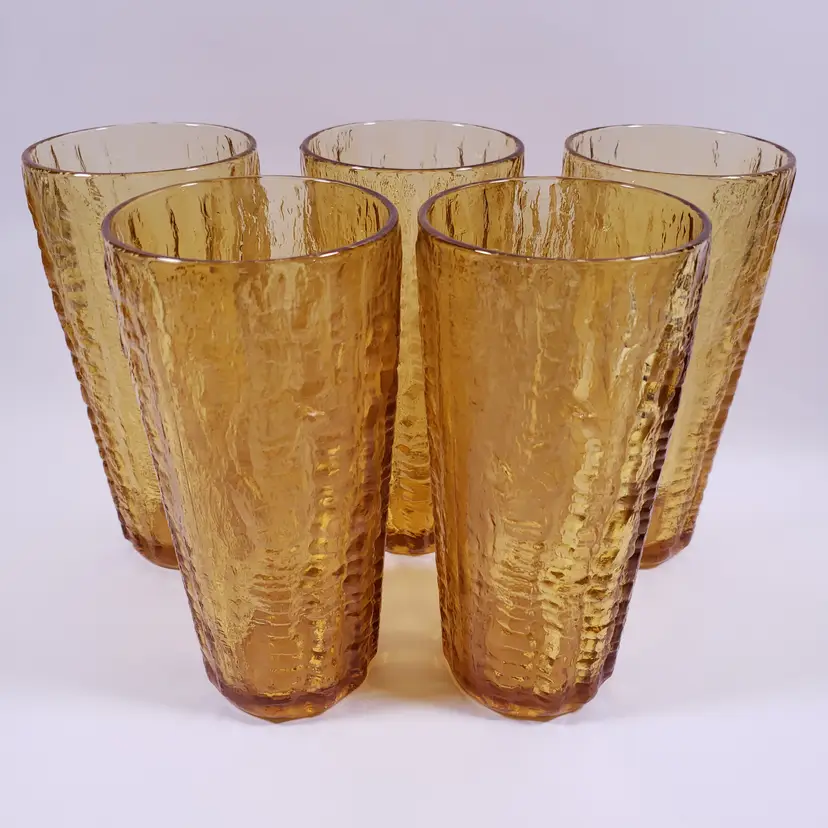 Vtg MCM Tiffinware Franciscan Continental Amber Tree Bark Tall GLASS TUMBLER SET