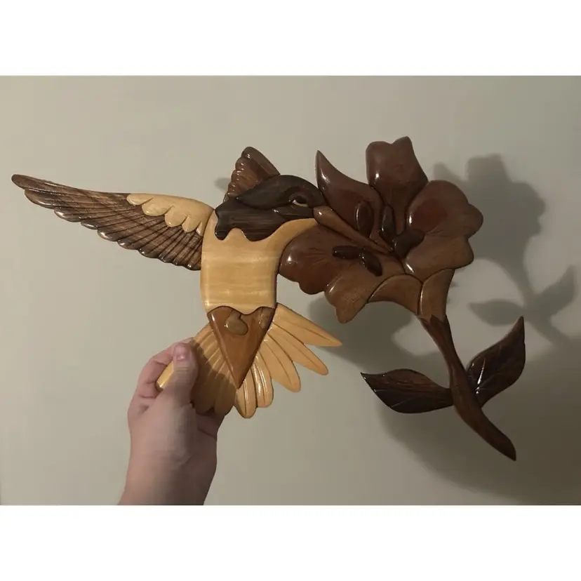 Vintage Hand Crafted 3D Intarsia Wood Wall Art Hummingbird