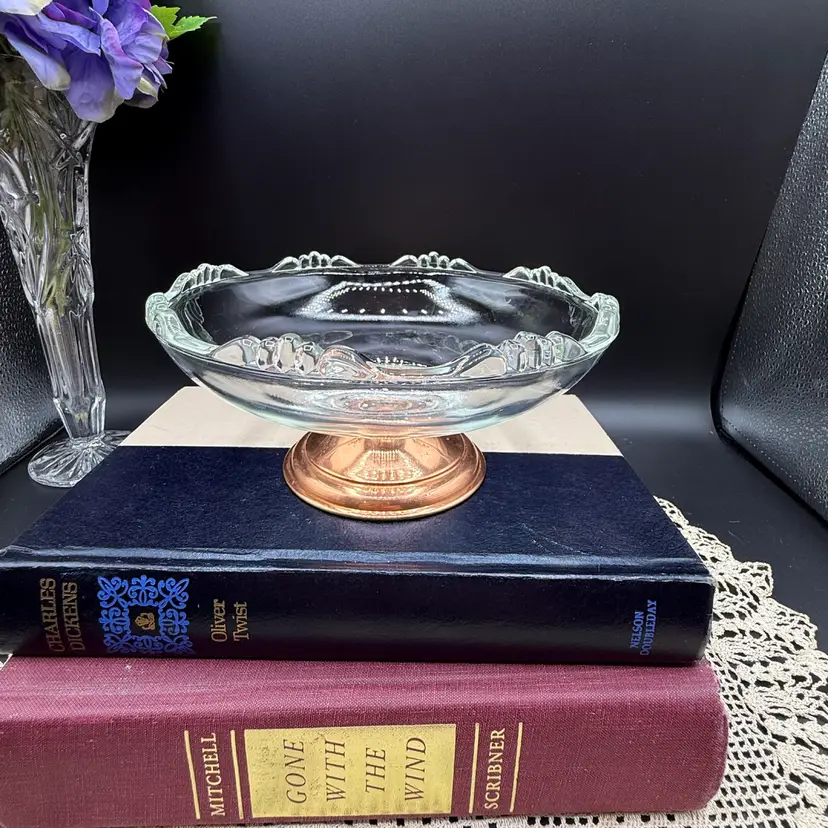 🐞Vtg  Princess House Glass Candy Dish with Removable Copper Pedestal Base