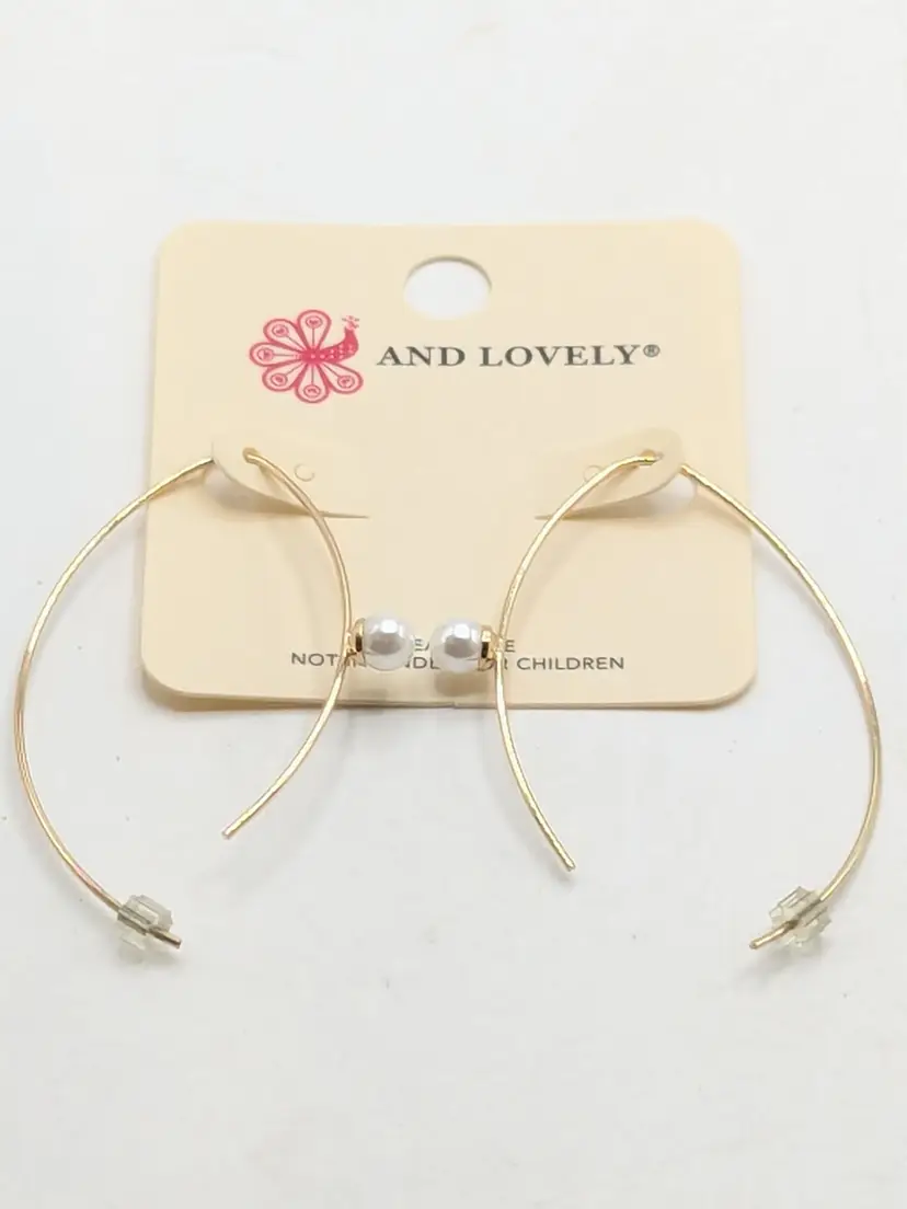And Lovely Gold Tone Faux Pearl Accent Open Hoop Arc Earrings NWT