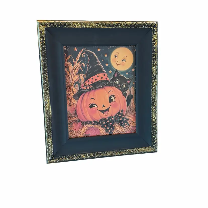 05 Upcycled By me 11x13 Kitschy Pumpkin And Cat Hallloween Picture