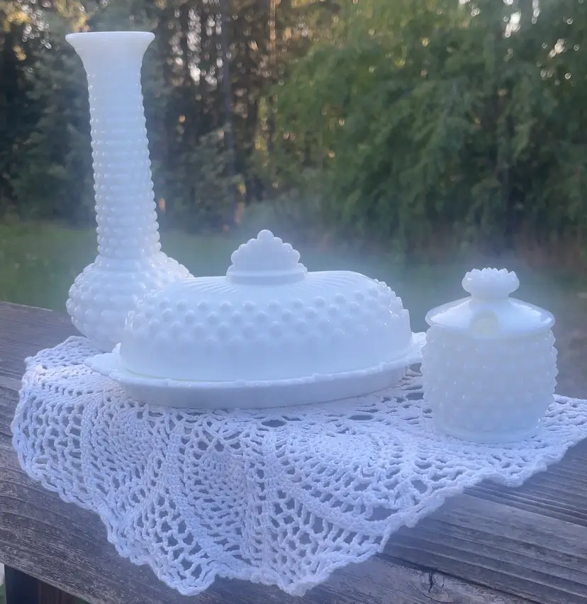 3 Seperate Milk Glass Hobnail Pieces PLEASE READ