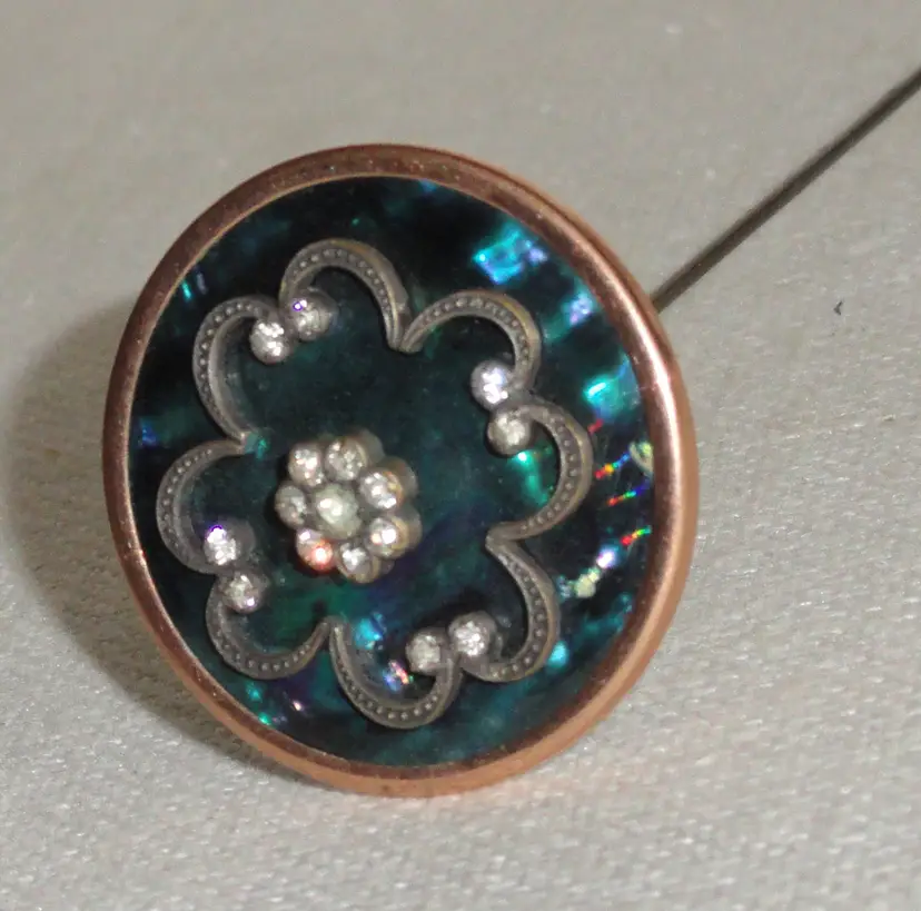 Antique 1.5” Head Hatpin ~ Variegated Blue Stone ~ Metal Flower & Rhinestones