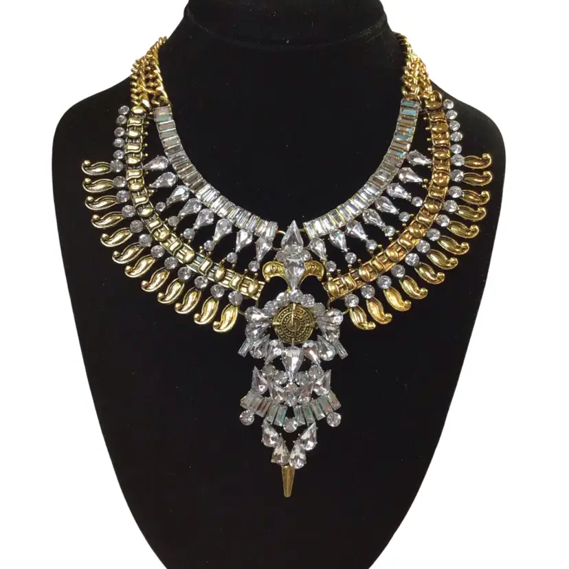 Glam Statement Bib Necklace Gold Silver Tone Rhinestone Cleopatra Collar Costume