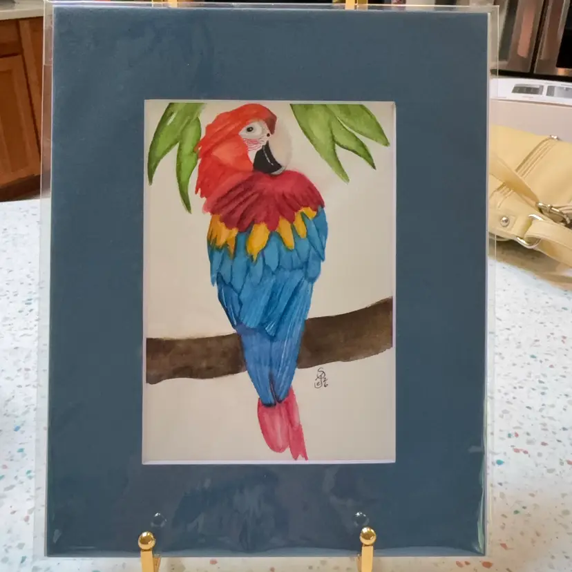 Original Watercolor Parrot In 5 X 7” In 8 X 10” Navy Matte