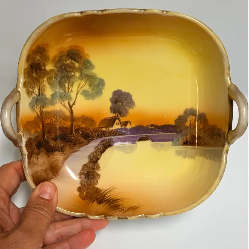 Antique Nippon -Morimura- Hand Painted Sunset Landscape- Porcelain- Handled Dish- 1910’s  6.25” X 7”