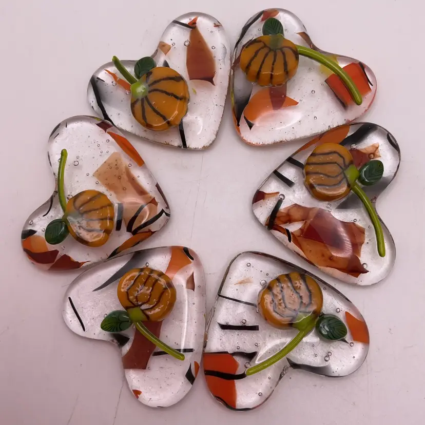 Made by Me! Fused Glass Pocket Heart Pumpkins 1.75" Handcrafted Studio Art