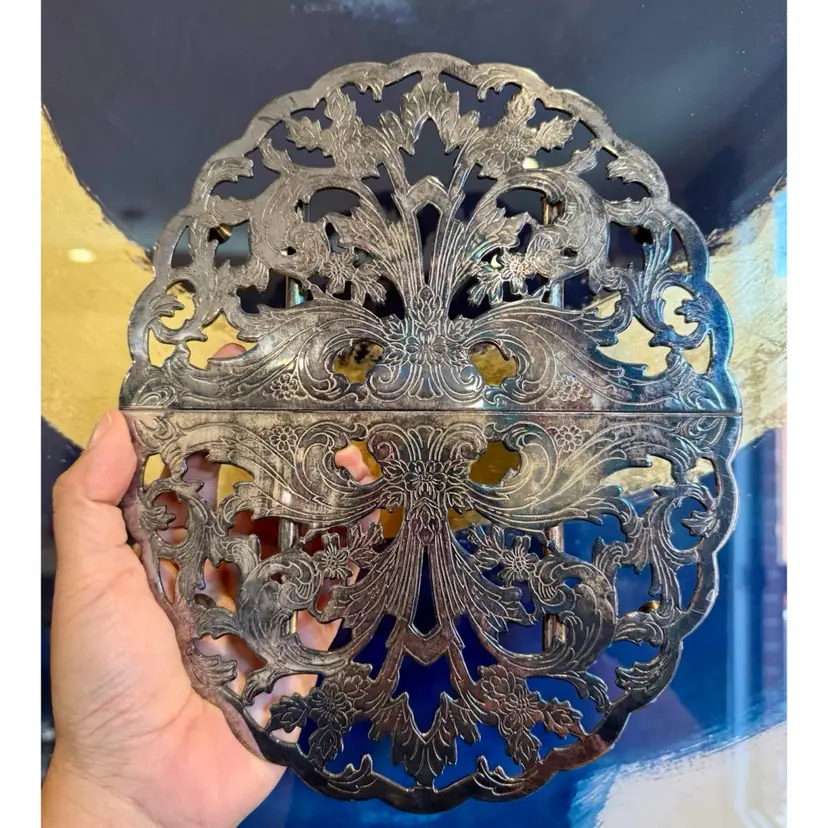 😻 Hunt Silver Plate Expandable Trivet – Ornate Floral Patina 10”