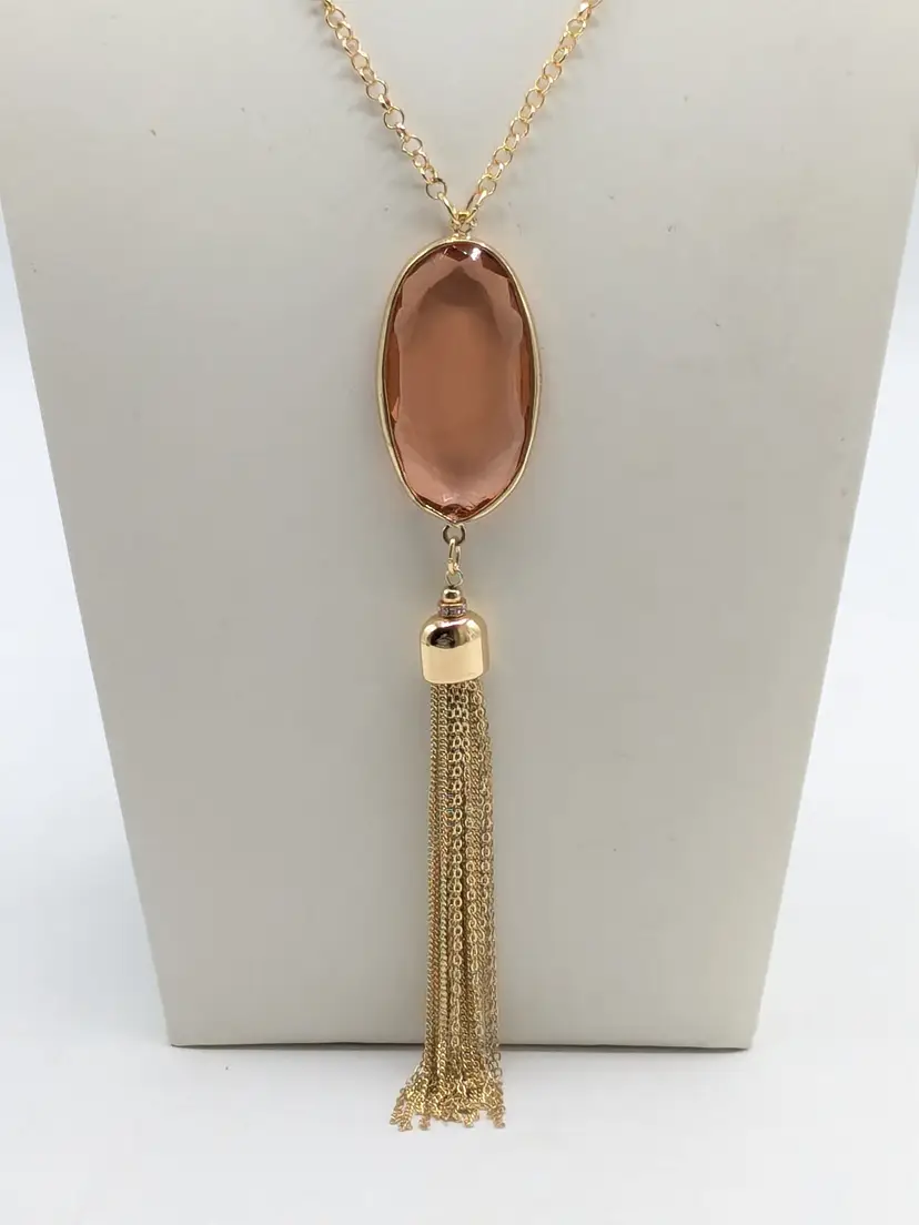 Gold Tone Tassel Necklace with Pink Glass Pendant NWOT