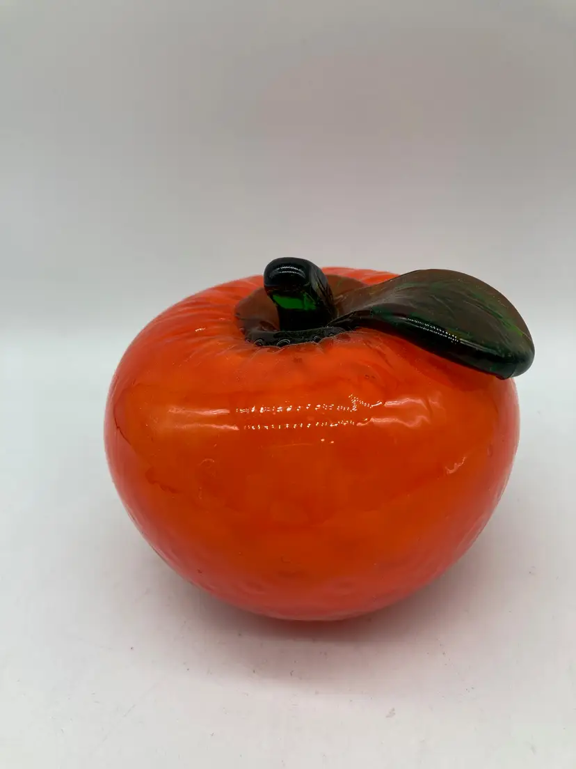 Hand Blown Art Glass Fruit Orange With Green Stem 3”