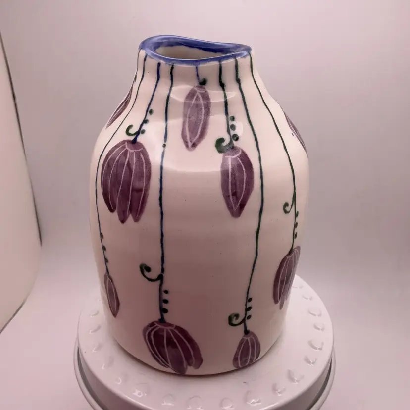 POW1 VTG Floral Pottery Vase Unusual Shape 4.5" Signed