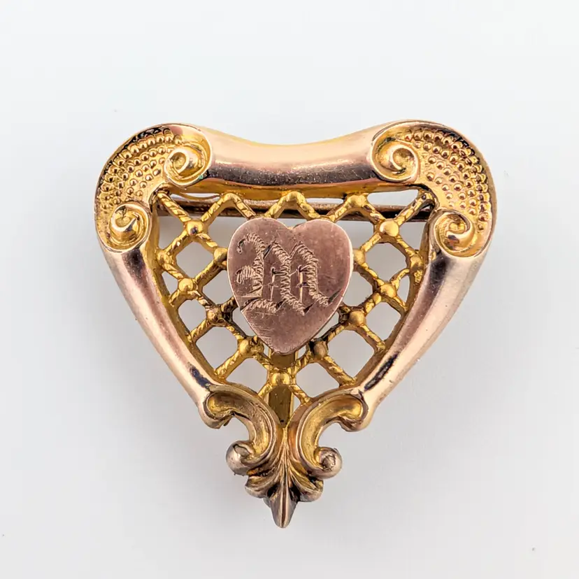 Antique Victorian Lattice Heart Gold Filled Brooch Pin w/ Letter "M" Monogram