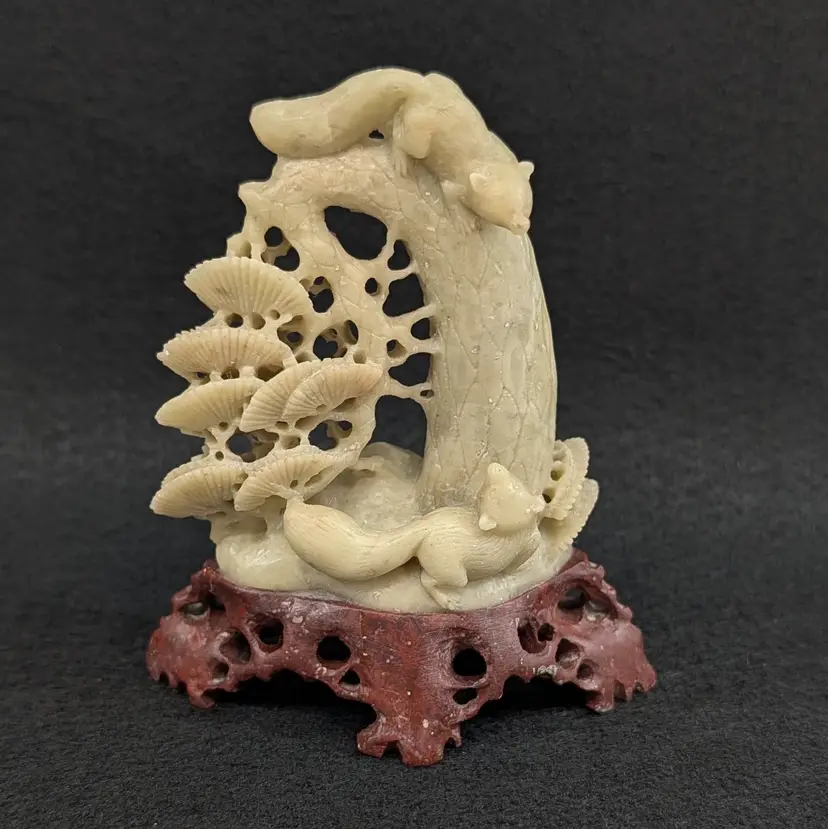 Vintage Foxes At Play Tree Fans Chinese Soapstone Carving Sculpture Intricate