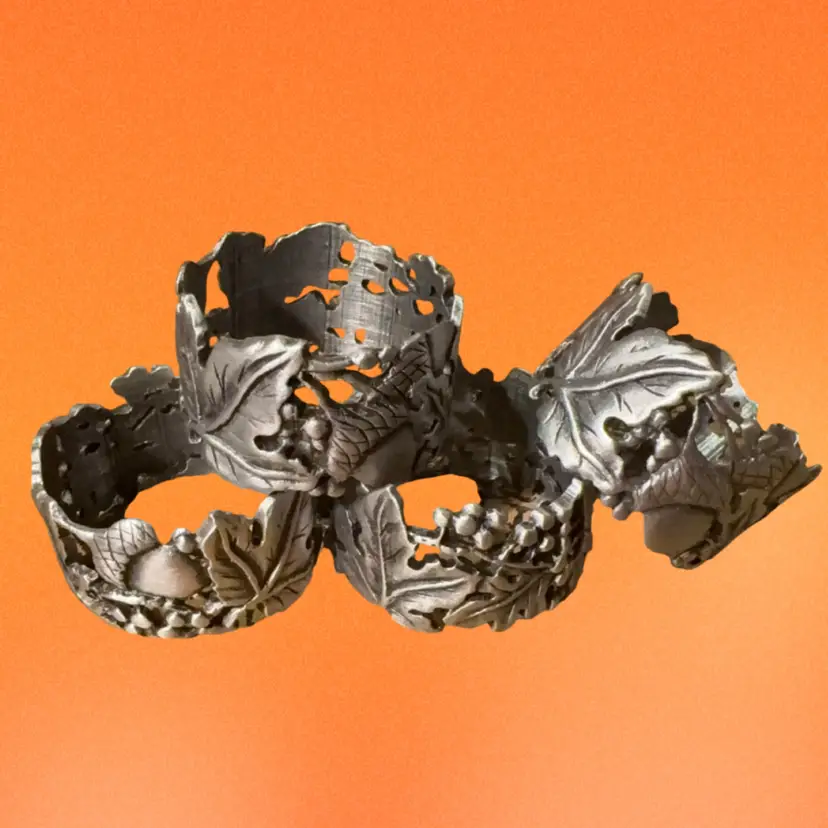 Longaberger 2001 Falling Leaves Pewter Napkin Rings In Box