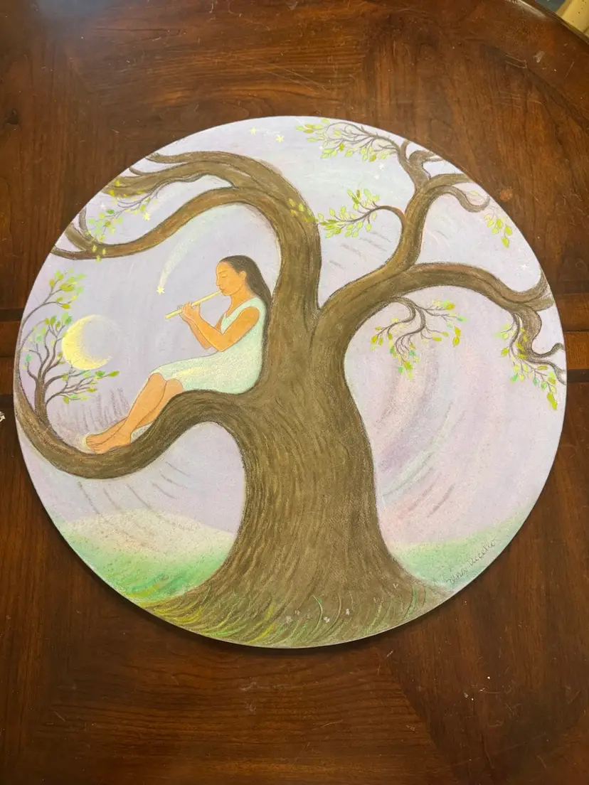 Original Nina Uccello Painting On Round Canvas - Signed 20” Beautiful Lines!