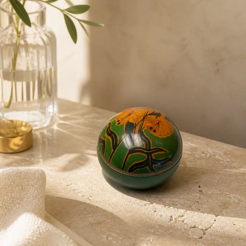 Vtg Hand Painted Round Wood Trinket Box, Green w/ Floral Design, 3.5" Dia.