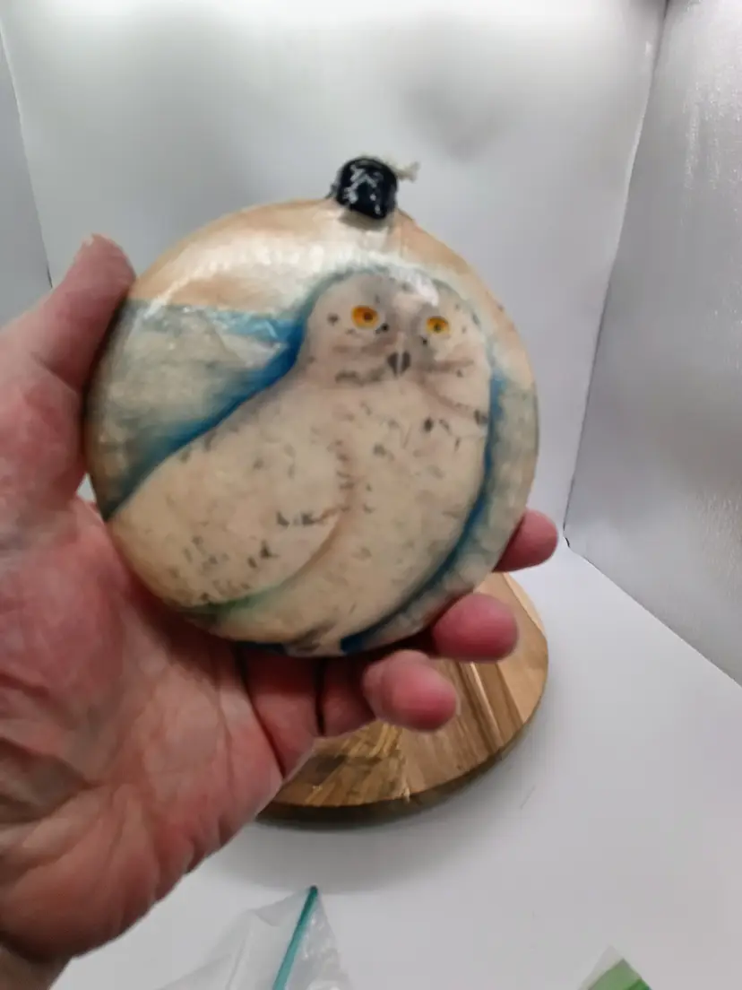 Capiz Shell Christmas Ornament Hand Painted with Snowy Owl 4IN