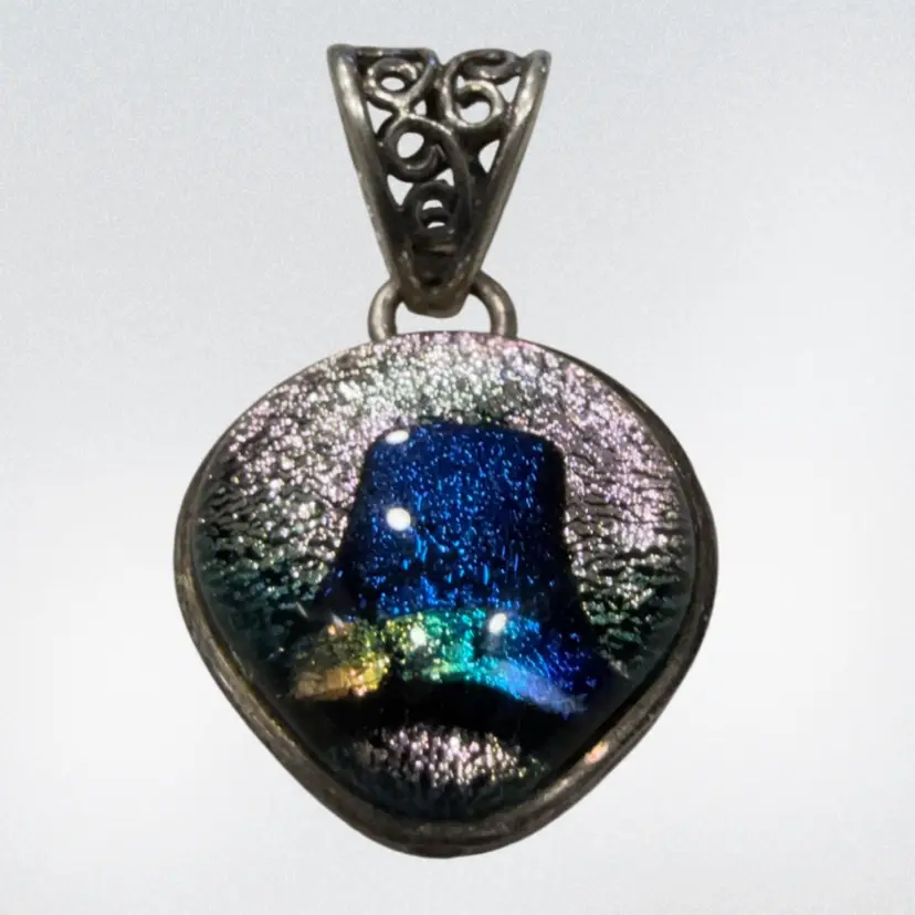 Vintage Sterling Silver Dichroic Glass Pendant w/ Filigree Bail 1.5”, 7.3g