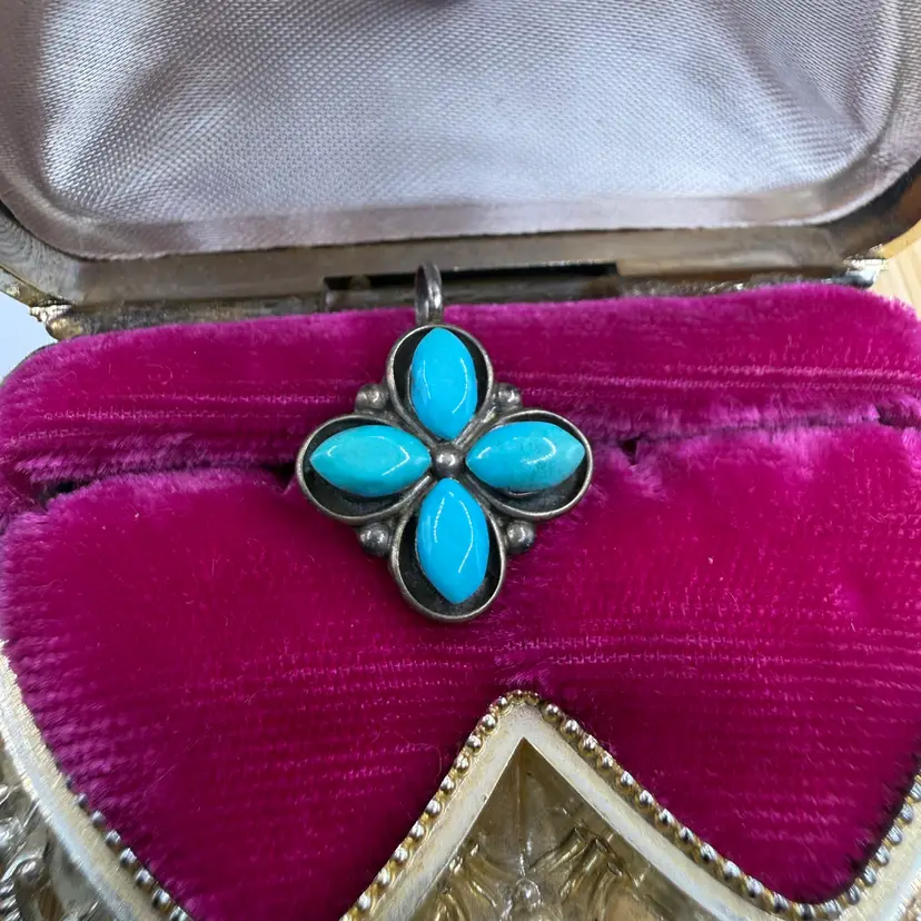 Vintage Sterling And Turquoise Cross Flower Pendent
