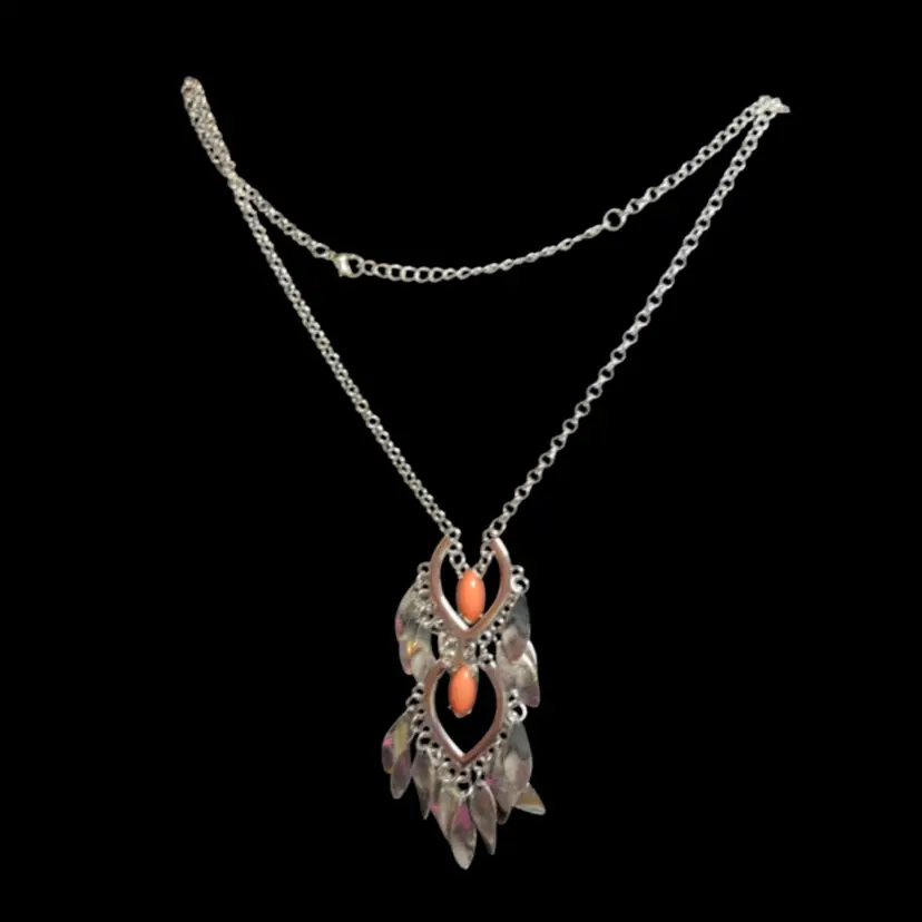 28 Inch Silvertone Chain With Orange Acrylic Beads And A Drop-Down Pendant