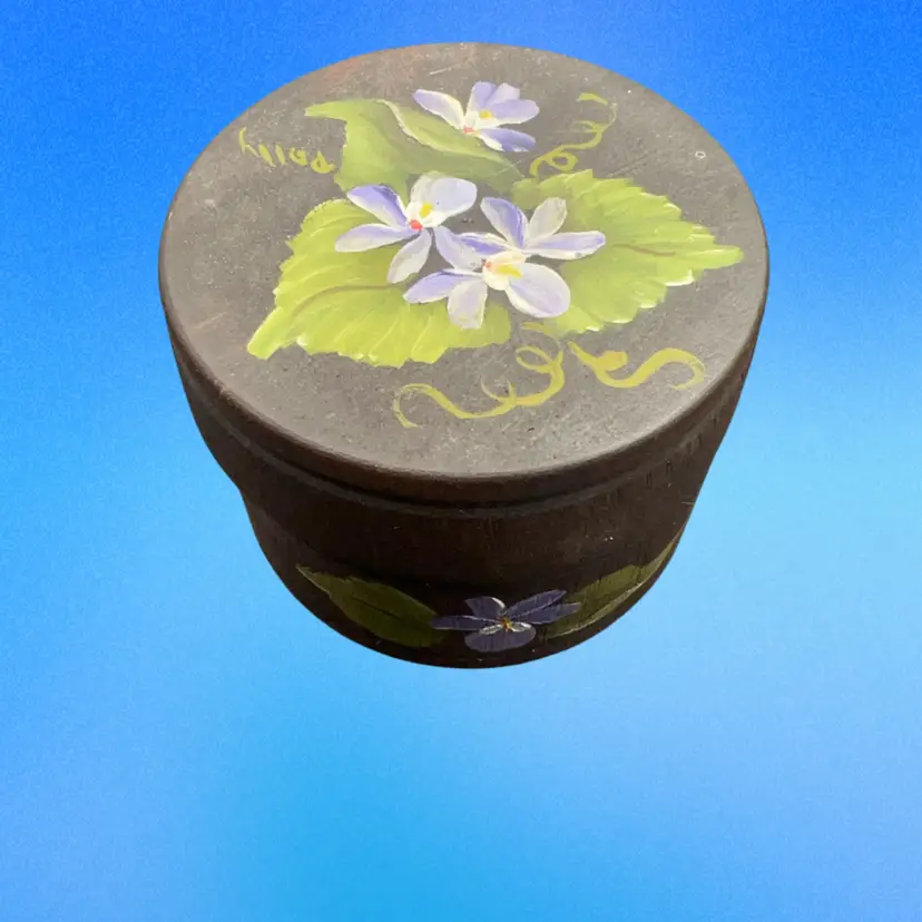 2” Small Hand Painted Wooden Jar With Lid Violets Signed Pally