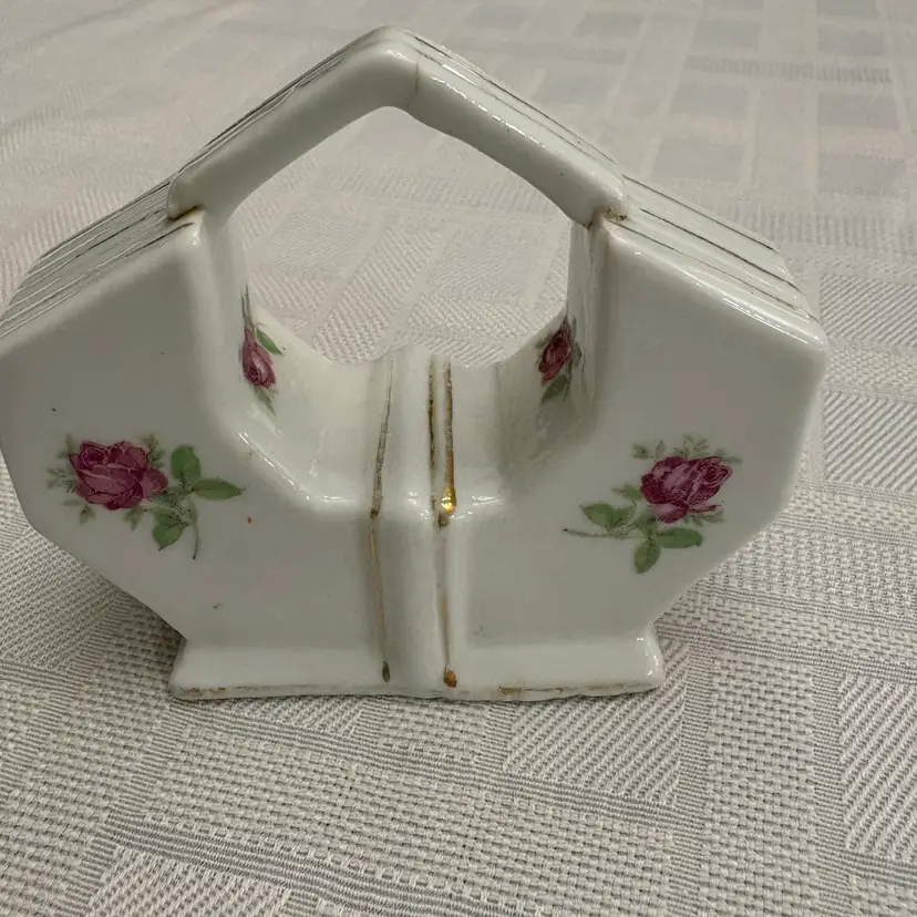 Vtg Dual Salt & Pepper Shaker - Purse Basket Pink Roses S & P Holes Gold Trim