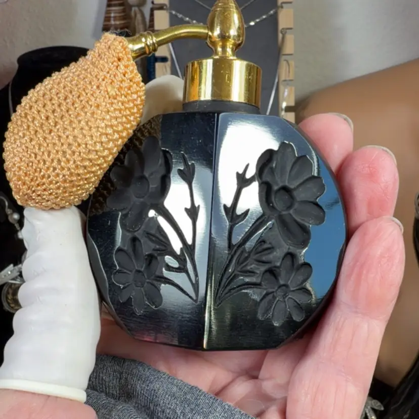 Midcentury Black Flower Perfume Bottle - Hard Bulb