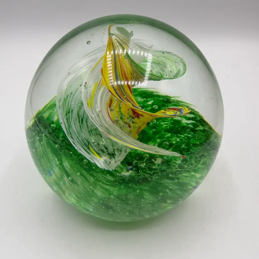 Chinese Magnum Swirl Paperweight With Green Speckled Base