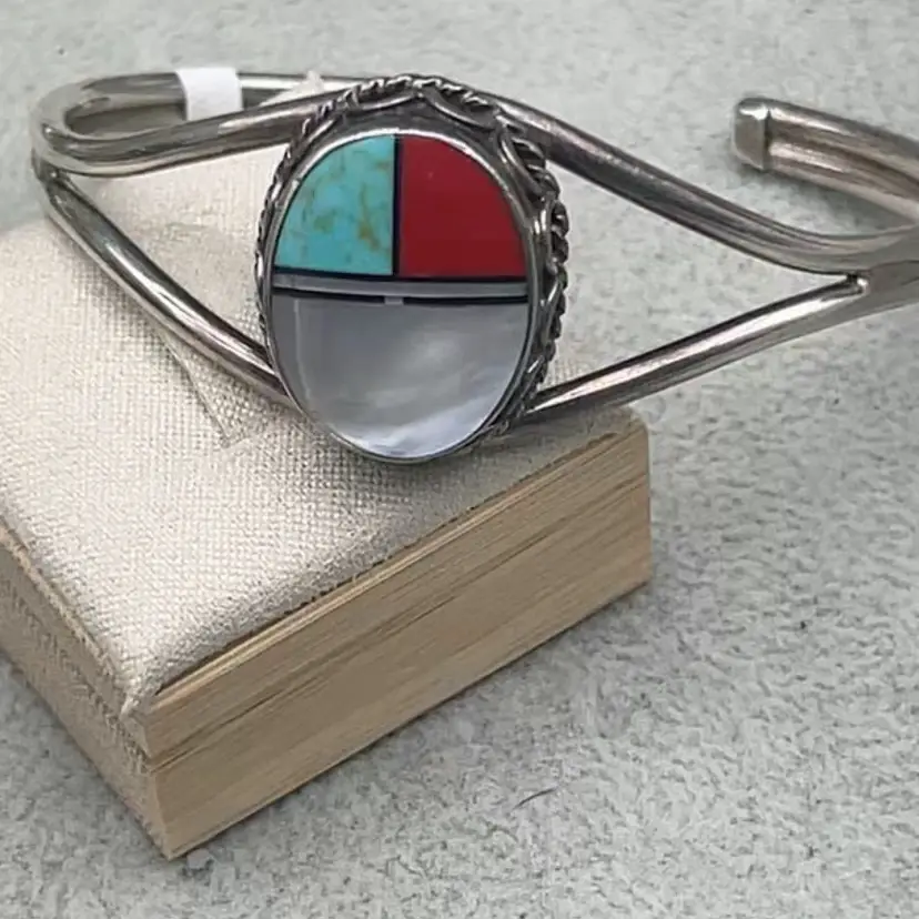 #01 Vintage Zuni Sterling Silver Sunface Turquoise Coral MOP Inlay Cuff Bracelet