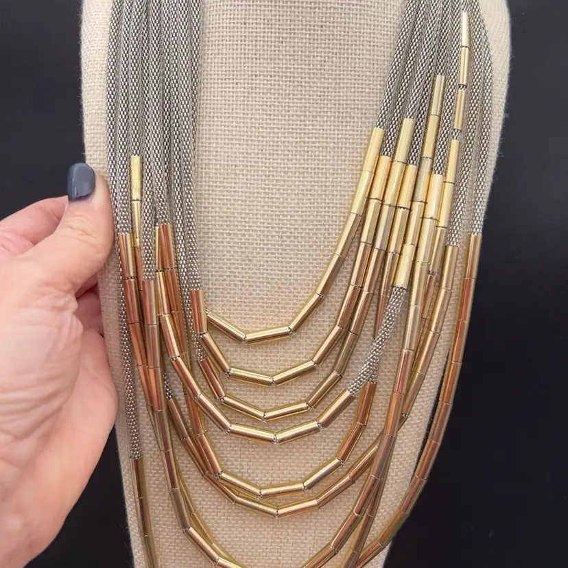 #01 Vintage Natasha Two Tone Gold Silver Tube Bead Multi Strand Bib Necklace 18–21”