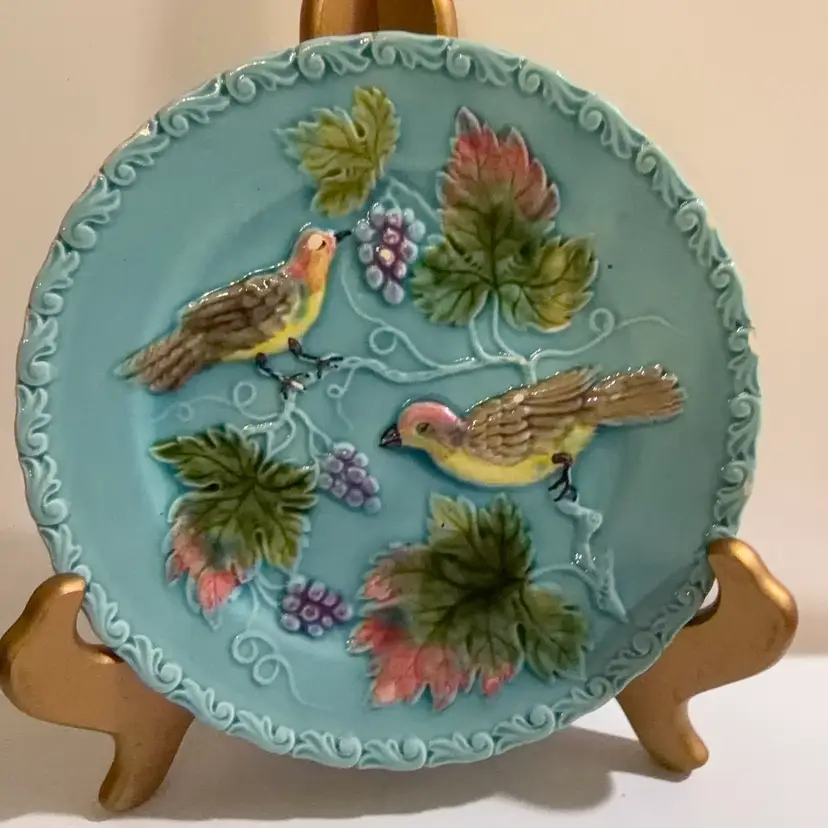Black Forest Germany- Antique Majolica Art Pottery Bird - Grapes- Plate- 7.75” READ