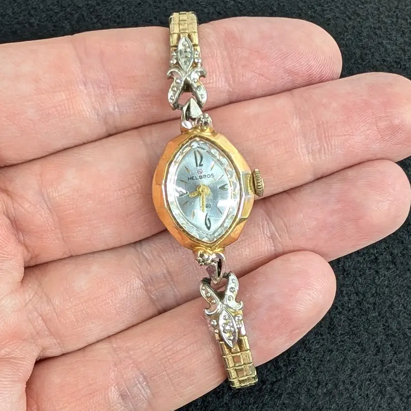 Vintage Helbros Womens Watch Bracelet Dainty Gold Tone Expandable Band Works