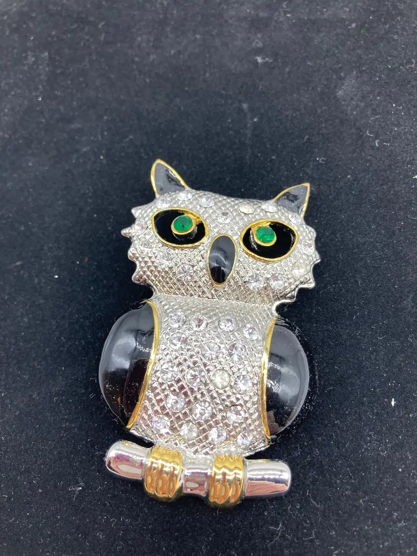 Large Rhinestone Owl with Black Enamel, Green Eyes