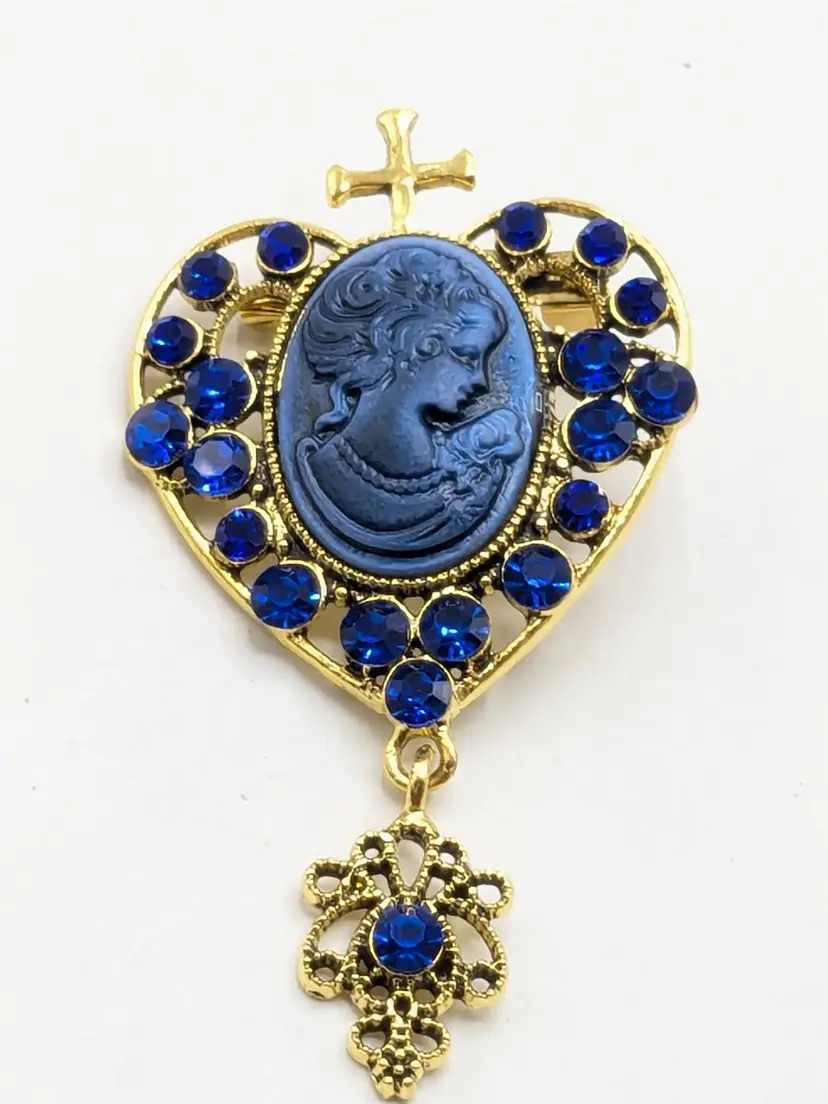 Gold Tone Blue Cameo Heart Brooch with Cross NWOT