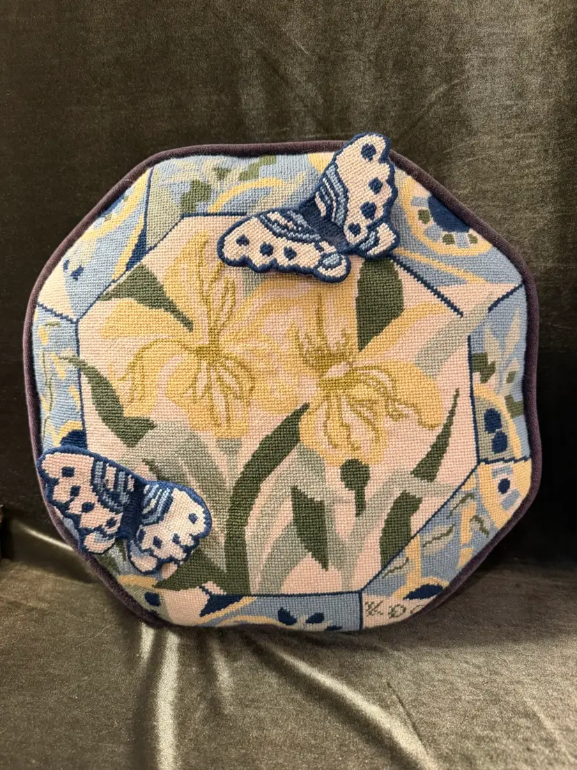 🥳Beautiful Handmade Cross-Stitch Octagonal Floral with 3-D Butterflies Throw Pillow With Velvet Back