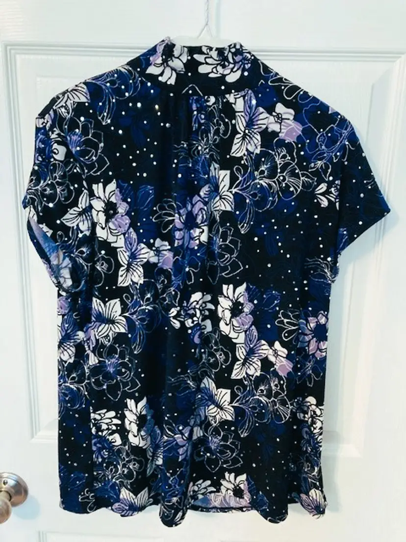 INC Blouse Cap Sleeves Blue White 1X NWT