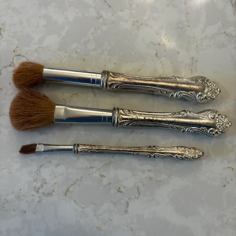 Vtg Ornate Silver Handle Makeup Brush 3 - Powder Blush Eye - Vanity Hollywood
