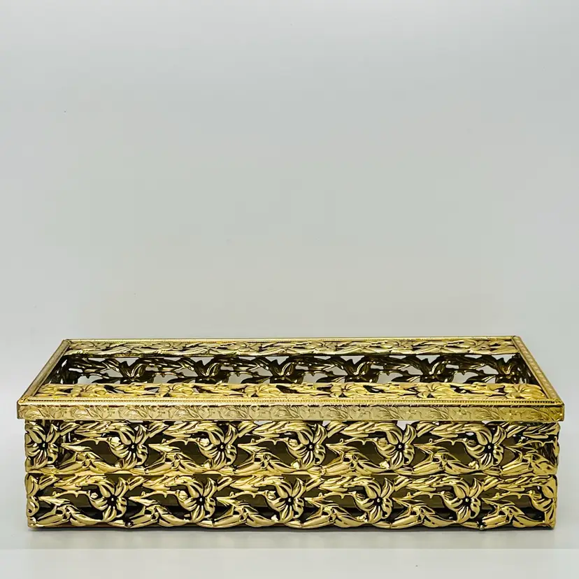 Vintage Gold Filigree Ornate Tissue Kleenex Box Holder Lily Floral Velvet Lined