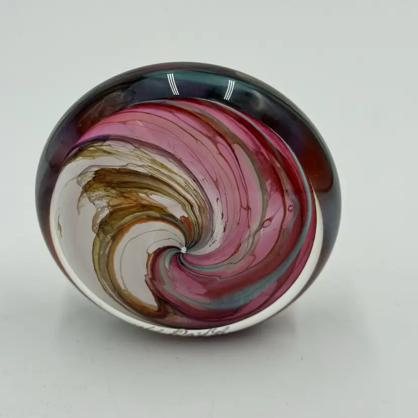 Hal David Berger Signed Art Glass Paperweight Vintage ‘94 Dual Flat Base Pink Red White Swirl