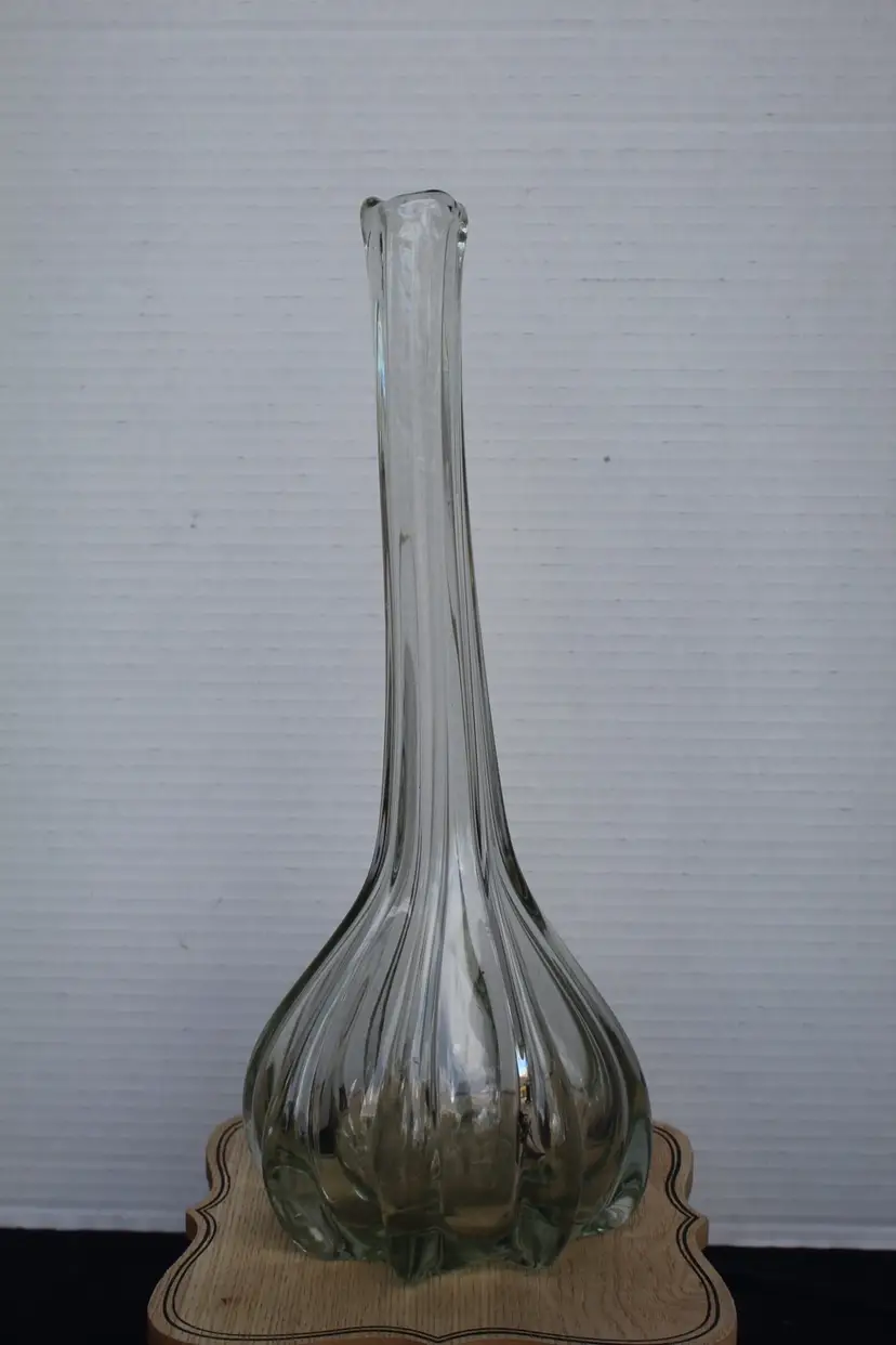 Vintage Czech Art Glass Vase, Bulbous Base, Ribbed Neck,  Ruffled Rim,Hand Blown
