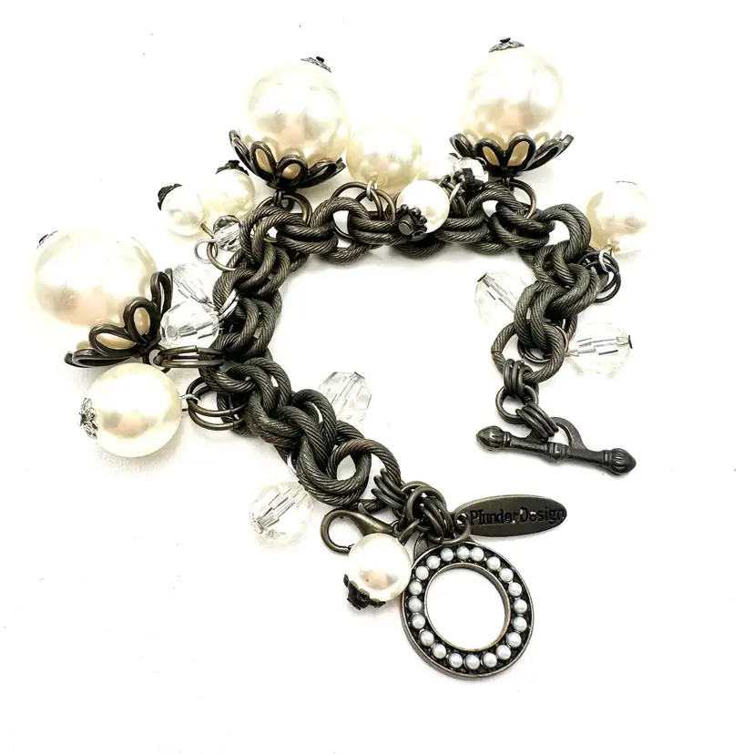 #A31 Plunder Chunky Faux Pearl Cha Cha Toggle Bracelet Bronze Tone 8.5” L