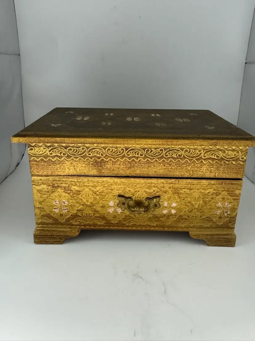 Vintage Gold Tone With Hand Painted Flowers Music Box