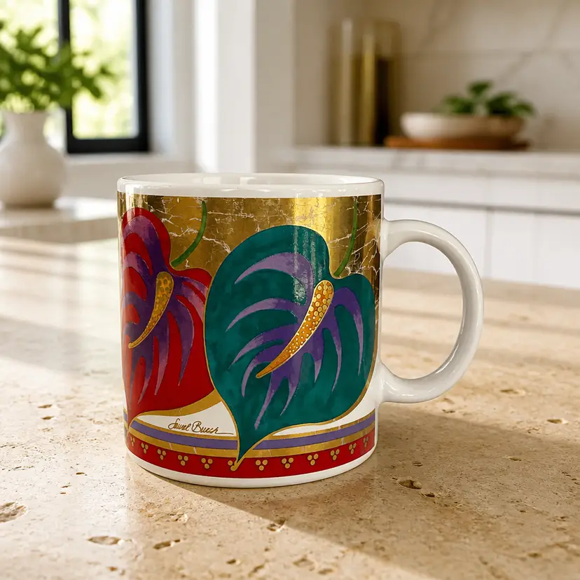 Vintage Laurel Burch "Anthurium" Ceramic Coffee Mug, Made in Japan, 4"