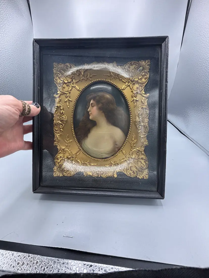 Vintage German hand painted portrait double framed