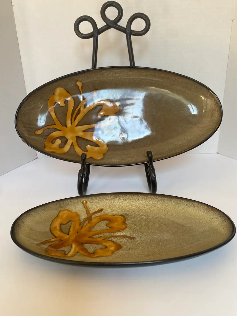 Pier 1 Imports Kioko Nesting Oval Stoneware Platter Set 2pc MINT Hand-Painted NWOB