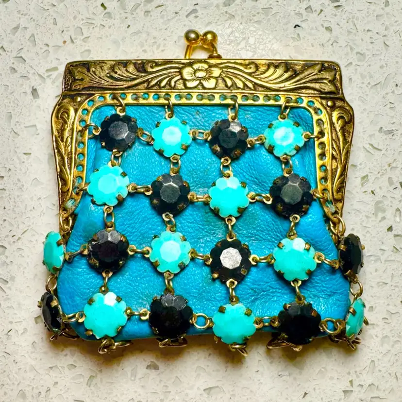 😻 3x3” Vintage Italian Turquoise Leather & Gilt Frame Evening Coin Purse w/brass hardware