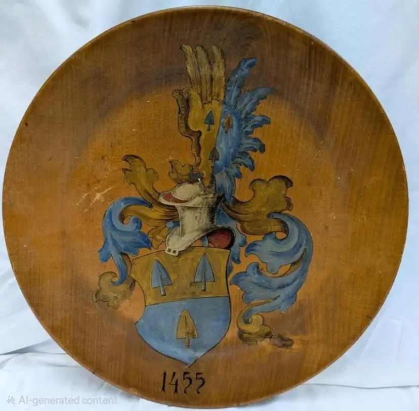 Antique German Wooden Family Crest Plaque with Hand-Painted Heraldic Design, Dated 1911