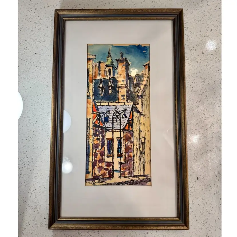 😻 15x10” Vtg. original watercolor painting; wood frame & signed, Québec & Signature.