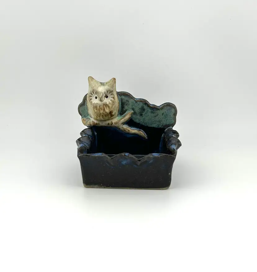 Vintage Annette Christopher Handmade Pottery Trinket Dish With Owl 3”x 2.5”x 2.75”